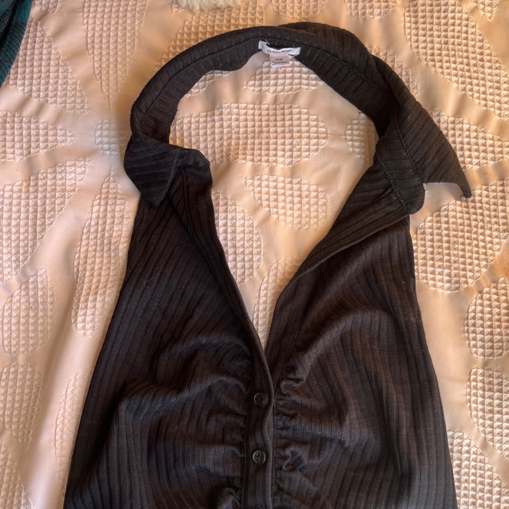 Garage black ribbed halter top with button up detail